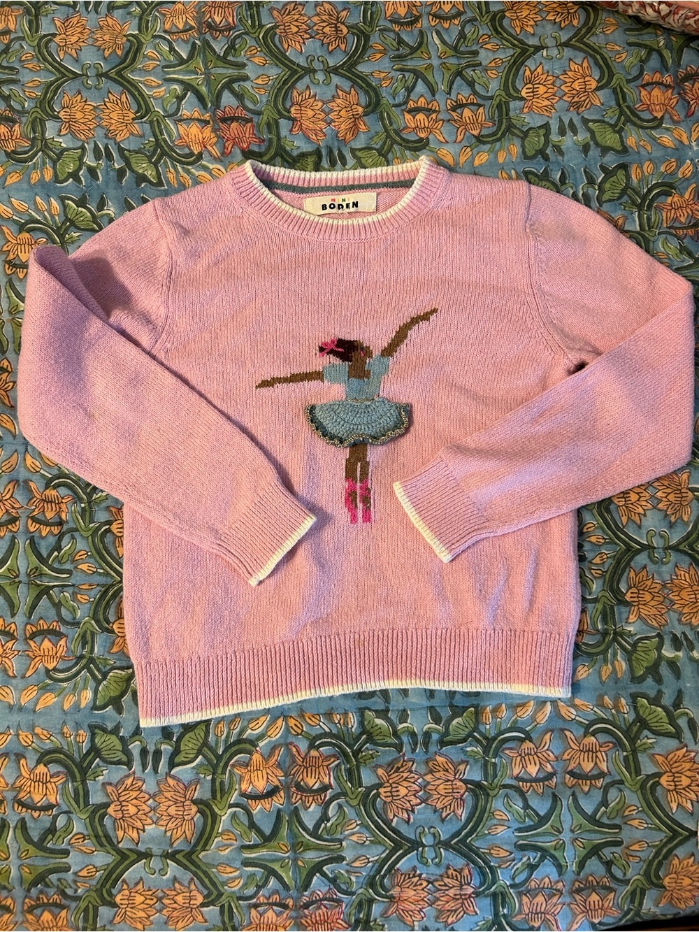 Mini Boden Pink Ballerina Intarsia Crewneck Sweater with Blue Tutu